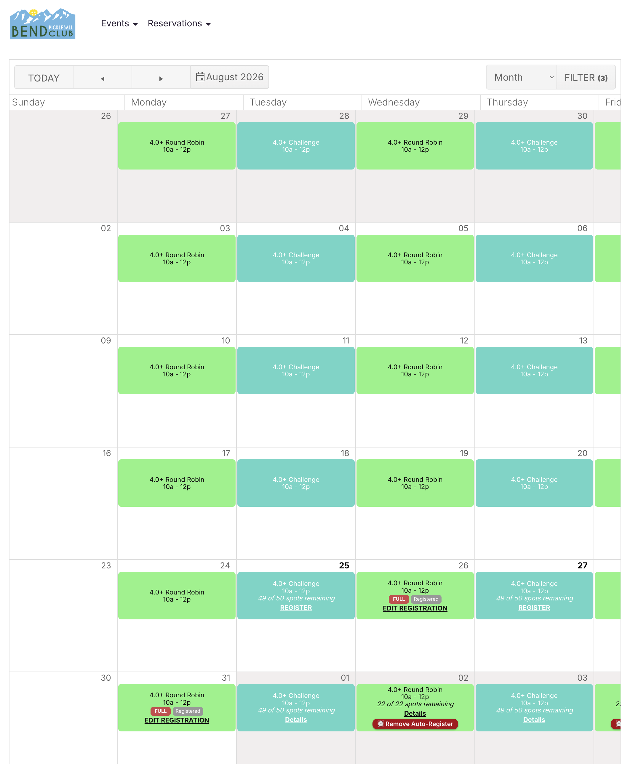 CourtReserve calendar with registration-open dates shown in bold